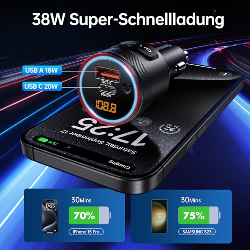 Syncwire Bluetooth 5.4 FM Transmitter for Car, 38W PD&QC3.0 Dual USB Charging Bluetooth Car Adapter Microphone & Bass Sound MP3 Music Player FM Kit with Hands-Free Calling