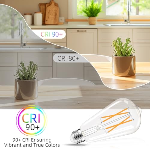 LED Edison Bulbs Dimmable, E26 Bulb 60 watt Equivalent, Soft White 2700K, ST58 Vintage Light Bulbs, 90+ CRI, 6W 600LM, E26 Medium Base, Clear Glass, 10 Pack