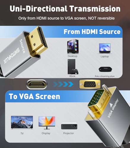 HDMI to VGA Adapter Cable 6FT [Metal Case, Nylon Cable] 1080P@60Hz HDMI Male to VGA Male Uni-Directional Braided Cord for Computer, Laptop, Monitor, Roku, Xbox, Graphics Card More