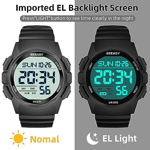 Beeasy Mens Digital Sports Watch, 50M Waterproof 49mm Rubber Strap Mens Watches with Stopwatch, Countdown Timer, Alarm & Dual Time—Ideal for Sport, Gym, Running, Referee, School & Daily Wear