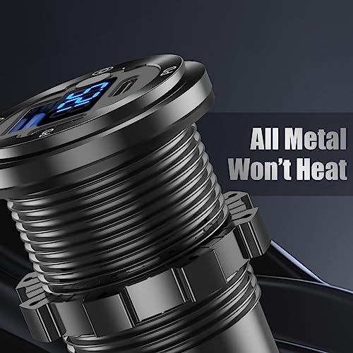 12V USB Car Socket Round USB C 12V Outlet, 3-Port Marine Fast Charger Waterproof Cigarette Outlet Replacement Aluminum with Switch & Voltmeter, Suitable for Boat Golf Cart RV Motorcycle Truck