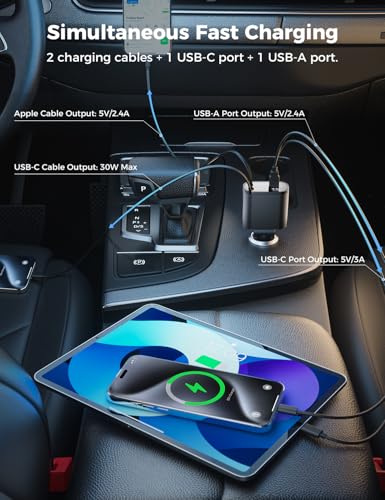 [Upgraded] SUPERONE Retractable Car Charger 4 in 1, Fast Car Phone Charger with Cord 2.6ft, USB C and Apple Car Adapter, Compatible with iPhone 17 16 15/15 Pro Max/14/13/12/11, Galaxy, Pixel