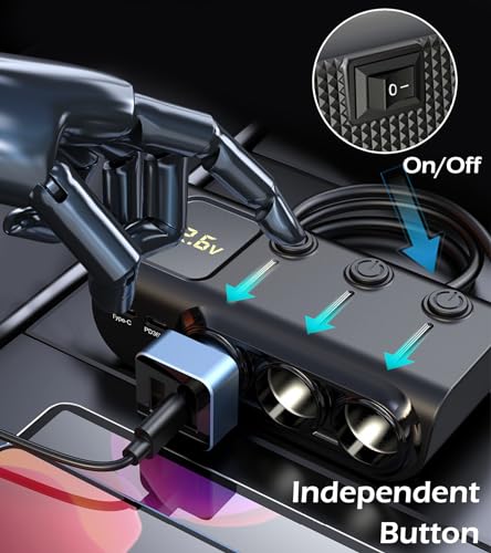 LIHAN Car Cigarette Lighter Splitter 8-in-1,120W 3-Socket Adapter & 5 USB with Master Power Switch,Prevents Battery Drain,PD36W USB-C Fast Charge,3.3FT Cord & LED Meter for Dashcam, RVs,Older Cars