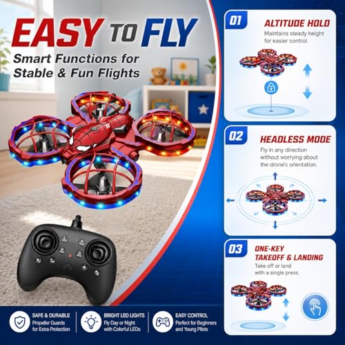 Spider Mini Drone for Kids, RC drone with LED Lights, Indoor & Outdoor Flying Toy for 8-12 Years Old Boys, 3 Speeds Mode, 360° Flips, Auto Hovering, Headless Mode, Easter Birthday Gifts for kids