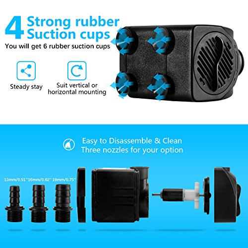 CWKJ Fountain Pump, 400GPH Submersible , Durable 25W Outdoor Water Pump with 6.5ft Power Cord, 3 Nozzles for Aquarium, Pond, Fish Tank, Water Pump Hydroponics, Backyard Fountain