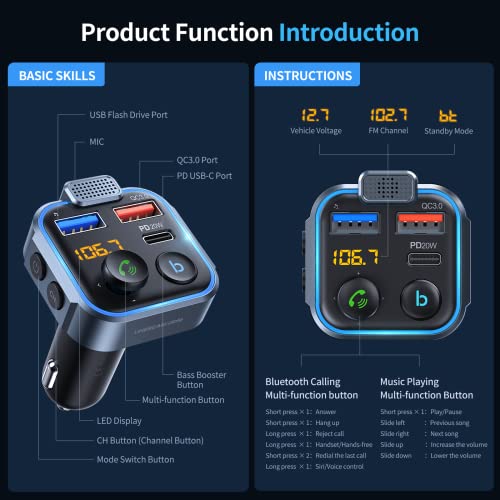 UNBREAKcable Bluetooth 5.3 FM Transmitter for Car, [PD 20W + QC 3.0] [Stronger Microphone & HiFi Bass Sound] Cigarette Lighter Radio Music Adapter Charger, Supports Hands-Free Siri Google Assistant