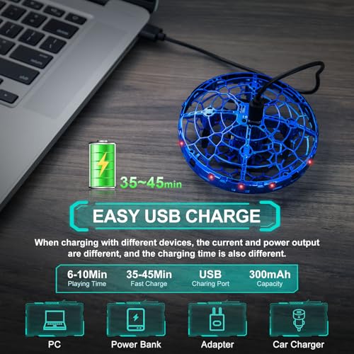 Hand Operated Flying Toy Drone for Kids, 360° Hands Free Motion Sensors Mini Drone with Cool LED Lights, Easy Indoor Small UFO Toy Flying Ball Drone for 6 7 8 9 10+ Year Old Boys and Girls (Blue)