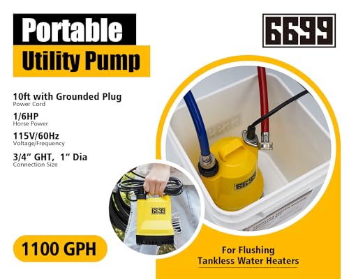 Tankless Water Heater Flushing Kit Includes 1/6HP Submersible Sump Pump with Two Adapters & 3 Gallons Pail with Bucket Lid Opener & Two 1/2” Dia X 6’ PVC Hoses with Washers