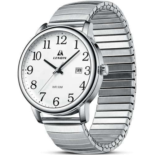 LN LENQIN Mens Watches Easy Read Analog Quartz Sport Waterproof Watch for Men with Date and 38mm Stainless Steel Expansion Band