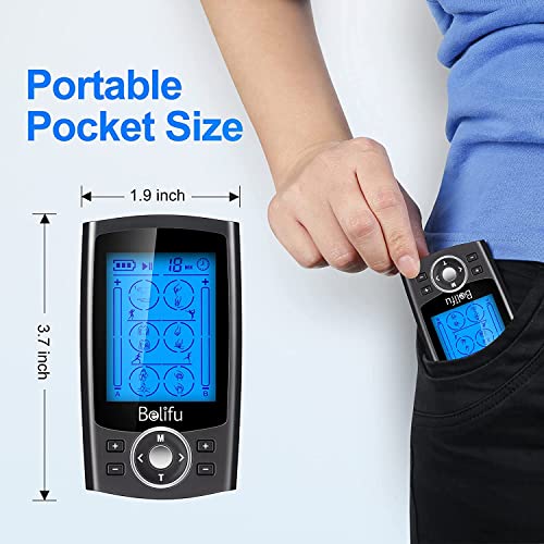 Belifu Dual Channel TENS EMS Unit – 24 Modes Muscle Stimulator with 10 Pads, Rechargeable Electronic Pulse Massager