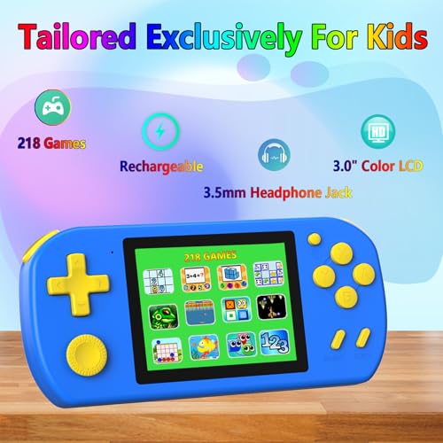 Handheld Games for Kids Rechargeable Preloaded 218 Retro Video Games, Blue | USB Rechargeable 3.0" HD Screen, Portable Kids Travel Toys, Mini Gaming Player Xmas Birthday Gifts for Boys Girls Ages 4-13