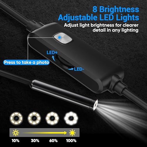 Endoscope Camera with Light,1920P HD Borescope with 8 Adjustable LED Lights, Endoscope with Semi-Rigid Snake Cable, IP67 Waterproof Inspection Borescope for iOS and Android-16.4ft Single Lens