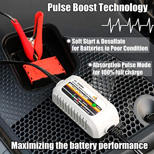MOTOPOWER MP00205B 12V 1000mA Automatic Battery Charger, Battery Maintainer, Trickle Charger, and Battery Desulfator with Timer Protection - Grey