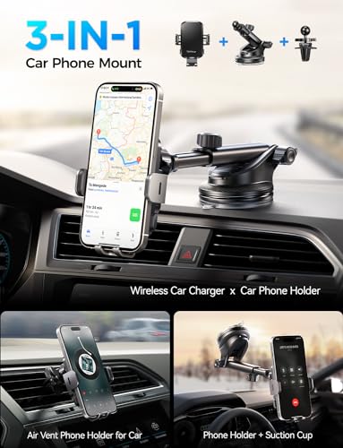 Wireless Car Charger with Phone Holder Mount, 15W Fast Charging Auto Clamping Phone Holders for You Car Windshield Dashboard Air Vent Accessories for iPhone, Samsung Galaxy, Google, etc