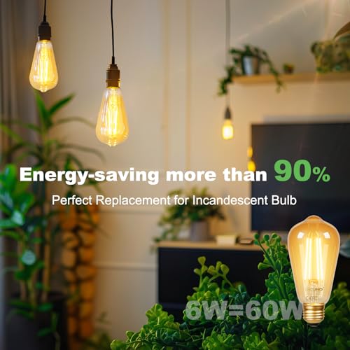 DiCUNO E26 Edison Bulbs 60W, 2200K Amber Warm, 6W LED Edison Bulb ST64, Amber Glass, Vintage LED Light for Home, 600LM, Non-Dimmable, CRI 80, Pack of 2