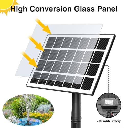 Jutai Solar Fountain Works in Cloudy Day with 2000mAH Battery Backup, 3.5W Glass Panel DIY Water Pump Kit with Sucker and Stake for Bird Bath, Water Feature,Garden, Outdoor-7 Nozzles,16.4ft Power Cord