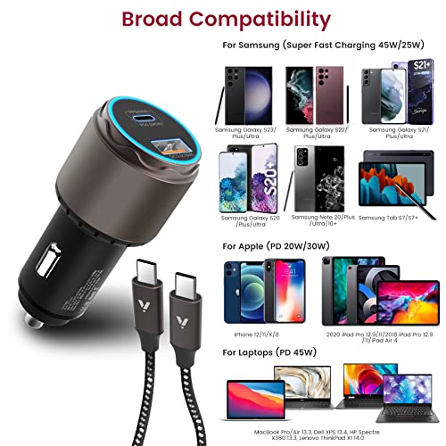 VELOGK Super Fast Type C Car Charger [73W Turbo], Fast Adaptive 55W 45W PPS/PD&QC3.0 USB C Car Adapter[Super Fast Charging 2.0]for Samsung S26 Ultra/S25 Ultra/S24 Ultra/S23 Ultra/S22+,iPad Pro,Macbook