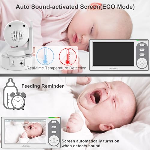 HelloBaby 4.3'' Video Baby Monitor with 30 Hours Battery, Remote Pan-Tilt-Zoom Baby Monitor No WiFi, Baby Monitor with Camera and Audio, Night Vision, ECO Mode, Two-way Talk, 8 Lullabies, 1000ft Range