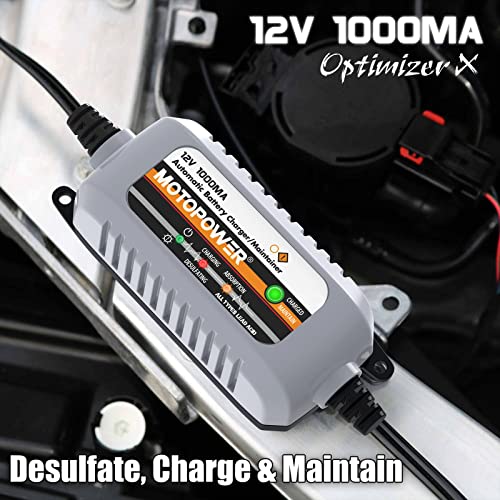 MOTOPOWER MP00205B 12V 1000mA Automatic Battery Charger, Battery Maintainer, Trickle Charger, and Battery Desulfator with Timer Protection - Grey