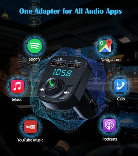LIHAN Handsfree Calling Car Charger,Wireless Bluetooth 5.3 FM Transmitter Radio Receiver,MP3 Audio Music Adapter,Dual USB Ports,Compatible for iPhone Samsung Smartphones,Spotify & GPS Navigation