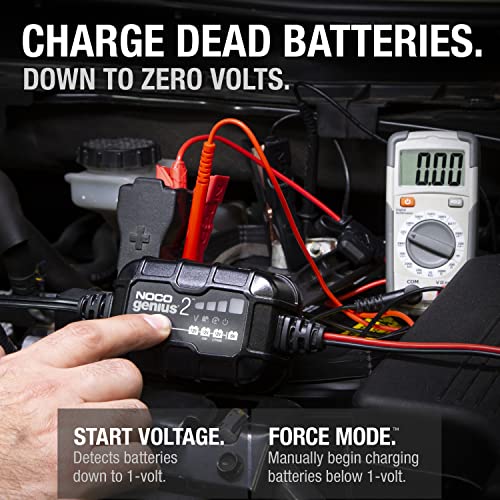 NOCO GENIUS2: 2A 6V/12V Smart Battery Charger – Automatic Maintainer, Trickle Charger & Desulfator with Overcharge Protection & Temperature Compensation – for Lead-Acid & Lithium Batteries
