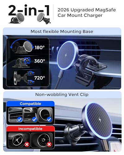 2-in-1 15W Magsafe Car Mount Charger, Magnetic Wireless Car Charger, 360° Dashboard & Air Vent Phone Mount, Phone Holders for Your Car, Car Accessories for Men Women for iPhone 17-12