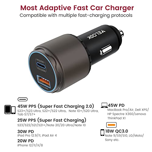 VELOGK Super Fast Type C Car Charger [73W Turbo], Fast Adaptive 55W 45W PPS/PD&QC3.0 USB C Car Adapter[Super Fast Charging 2.0]for Samsung S26 Ultra/S25 Ultra/S24 Ultra/S23 Ultra/S22+,iPad Pro,Macbook
