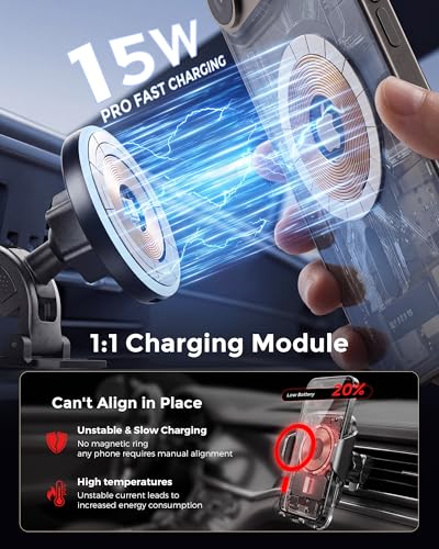 2-in-1 15W Magsafe Car Mount Charger, Magnetic Wireless Car Charger, 360° Dashboard & Air Vent Phone Mount, Phone Holders for Your Car, Car Accessories for Men Women for iPhone 17-12
