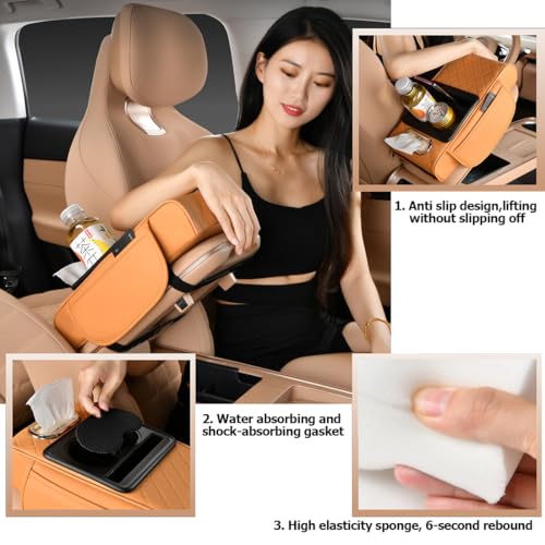 Car Armrest Cushion,5-in-1 Center Console Cover with 2 Storage Bags Cup Holder, Tissue Box Slot, Phone Slot for Sedans, Car Accessories Interior Organizers (Black)