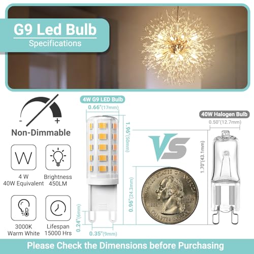 TJOY G9 LED Bulb 4W, 3000K Soft Warm White 6 Pack, Equivalent 40 Watt T4 G9 Halogen Replacement, G 9 Bi-pin Base Light Bulbs for Chandelier, 120V 450 LM 360 Beam Angle for Home Lighting, Non-dimmable