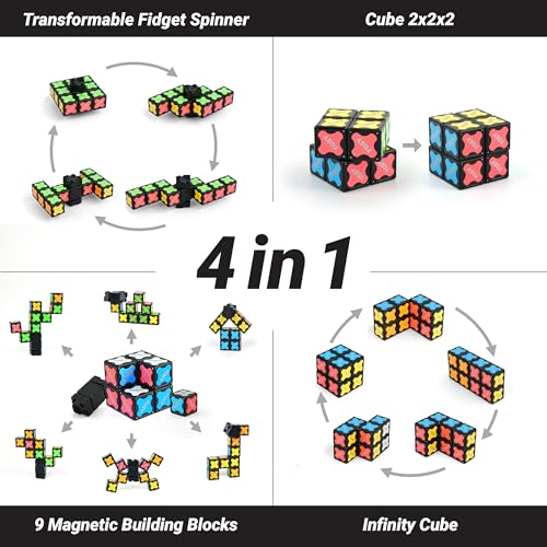 TOSY Magnet Fidget Spinner Mini - 8 Blocks, 3 in 1 Toy: Transformable Fidget Spinner, Infinity Cube, 2x2 Puzzle Cube, Easter Birthday Gift for Kids/Adults, STEM Sensory Stress Relief Toy
