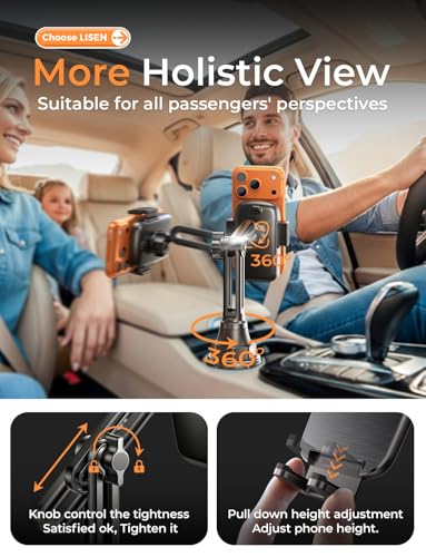 LISEN Upgraded Version Cup Holder Phone Holder 360° Adjustable Long Neck Car Phone Mount Golf Cart Phone Holder, Truck Jeep Accessories for iPhone 17 Air Pro Samsung Google and All 4-7'' Phone