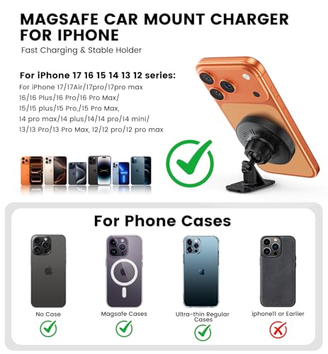 Magnetic Car Mount Charger 15W Magnetic Wireless Car Charger for iPhone 17 Accessories Magnetic Phone Holder for Car 3 in 1 Magnetic Car Mount for iPhone17Pro/16/15/14/13/12 Series Gifts for Men Women