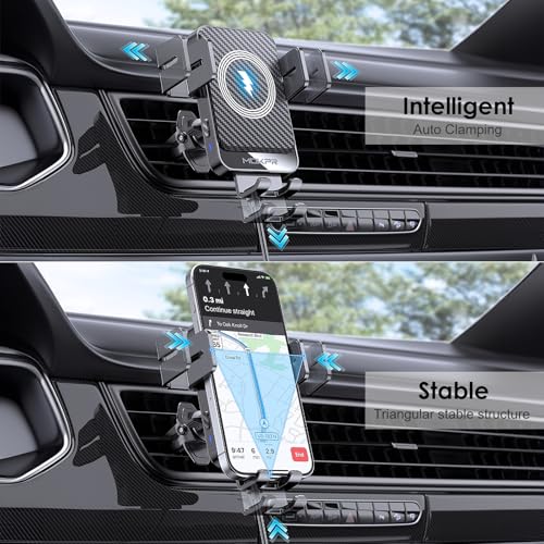 Wireless Car Charger, MOKPR 15W Fast Charging Auto-Clamping Car Charger Phone Mount Air Vent Cell Phone Holder Compatible iPhone 16/15/14/13/13 Pro/12 pro/12/11, Samsung Galaxy S23/S22/S21/S20, etc
