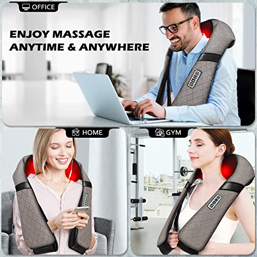 Blue Elf Shiatsu Neck & Back Massager with Heat – 3D Electric Kneading Massage Pillow for Full Body Relaxation (Gray, Home, Office & Car Use)
