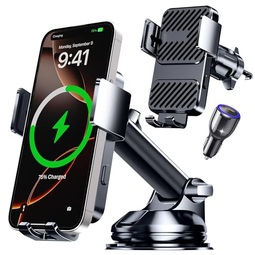 3 in 1 Wireless Car Charger, Phone Holders for Your Car 15W Fast Charging Auto Clamping, Car Phone Mount for iPhone 17 16 15 14 13 Mini Pro Max XR, Samsung Galaxy S25 Ultra S24 S23 S22 S21