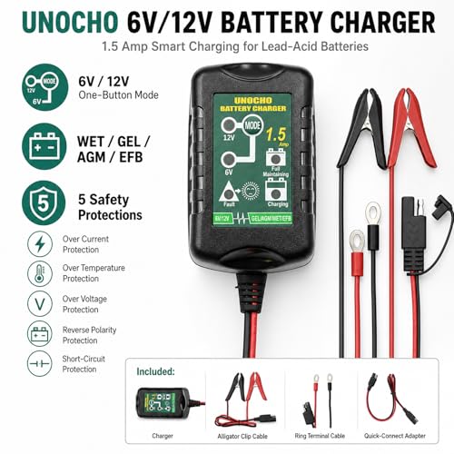 Unocho 6V/12V Battery Charger Maintainer 1.5A Automatic Trickle Charger Smart Float Charger for Car Motorcycle Lawn Mower Boat ATV Snowmobile Lead-Acid AGM GEL SLA VRLA WET Batteries