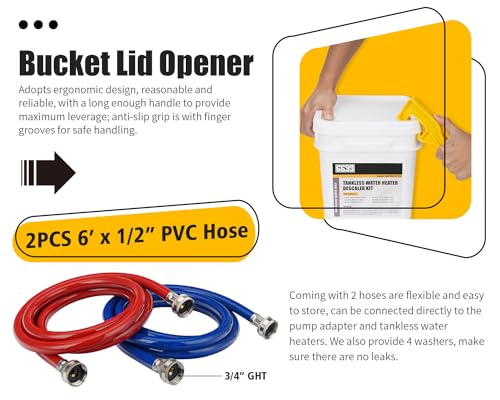 Tankless Water Heater Flushing Kit Includes 1/6HP Submersible Sump Pump with Two Adapters & 3 Gallons Pail with Bucket Lid Opener & Two 1/2” Dia X 6’ PVC Hoses with Washers