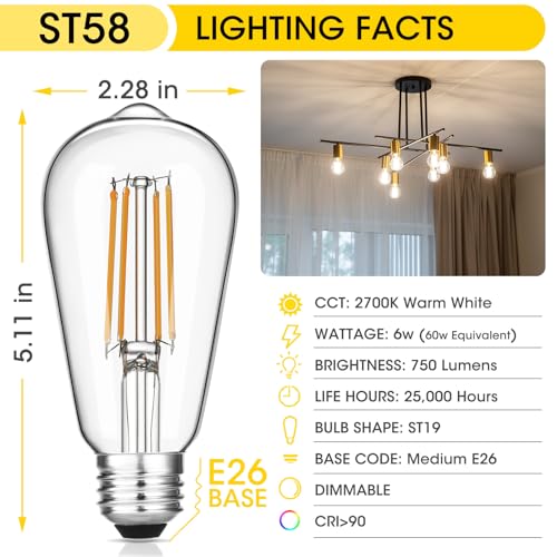 Vintage LED Edison Bulbs 6W, Equivalent 60W Incandescent, Warm White 2700K, ST58 Antique LED Filament Bulbs with 90+ CRI, E26 Medium Base,Dimmable, Clear Glass, Pack of 6