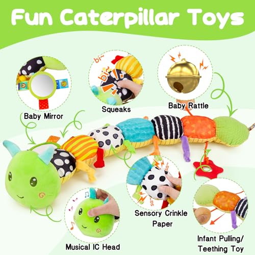 Baby Sensory Toy 0-6 Month Music Animal Stuffed Plush Caterpillar Toy for Infant 0-3-6-12 Month Old Tummy Time with Mirror Crinkle Rattle Toys for Newborn Boys Girl Shower Gifts Easter Basket Stuffer