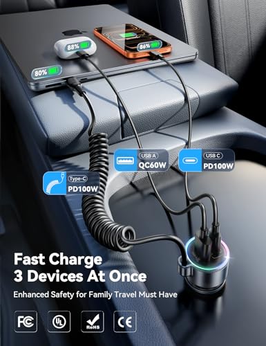 200W Car Charger USB C Fast Charge, PD100W Fast Car Charger Type C, PD3.0/QC4.0/PPS Cigarette Lighter Phone Adapter for iPhone 17 16 15 ProMax, MacBook Pro Air Laptop, Samsung S26/S25, Pixel, iPad Pro
