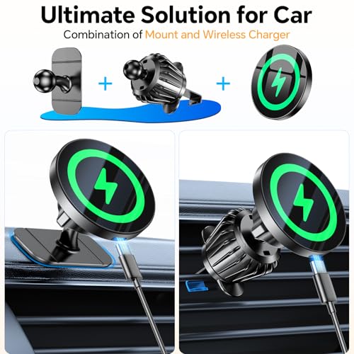 Coolpow for Magsafe Car Mount Charger【100% Stable】15W Magsafe Car Charger Magnetic Phone Holders for Your Car Accessories for Women Men Car Phone Holder Wireless Car Charger for iPhone 17 16 15 14 13