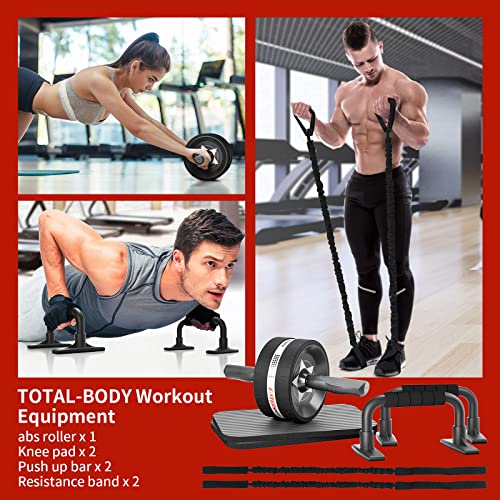 Ab Rollers Wheel Kit, Exercise Wheel Core Strength Training Abdominal Roller Set with Push Up Bars, Resistance Bands, Knee Mat Home Gym Fitness Equipment for Abs Workout