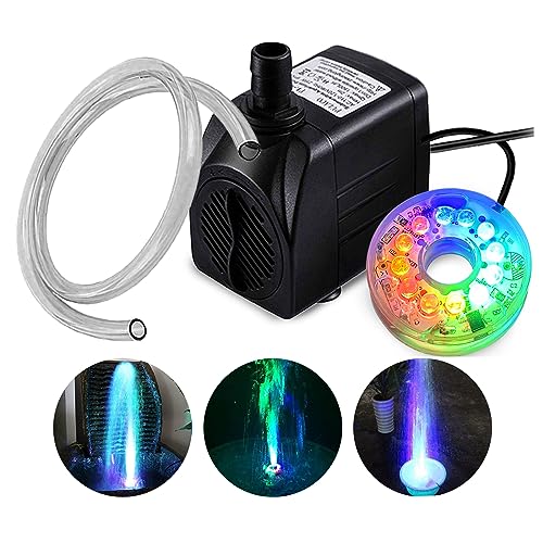 PULACO 160GPH Small Fountain Pump, 10Watt Submersible Pump with Automatic Color Changing LED Light and 3.3 ft Tubing for Water Feature, Outdoor Pond, Aquarium fish tanks