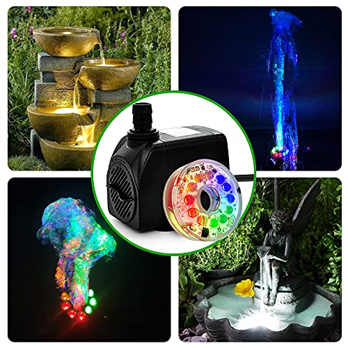 PULACO 160GPH Small Fountain Pump, 10Watt Submersible Pump with Automatic Color Changing LED Light and 3.3 ft Tubing for Water Feature, Outdoor Pond, Aquarium fish tanks