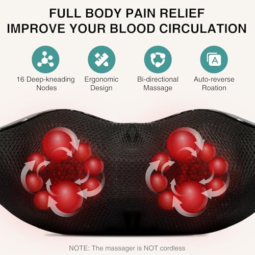 Nekteck Shiatsu Neck & Back Massager with Heat – Electric Kneading Shoulder Massager for Relaxation, Comfort, and Stress Relief (Not Cordless)