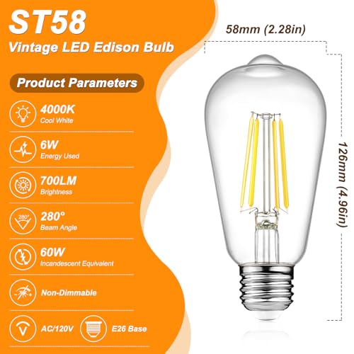 Ascher Vintage LED Edison Bulbs, 6W, Equivalent 60W, Non-Dimmable, High Brightness Cool White 4000K, ST58 Antique LED Filament Bulbs with 80+ CRI, E26 Medium Base, Clear Glass, Pack of 6
