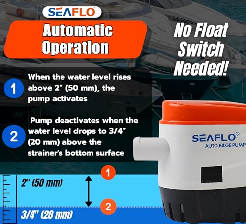 SEAFLO 06 Series Automatic Submersible Bilge Pump - 750GPH, 12V, 3/4" Outlet, 4-Year Warranty! - All-in-One Pump and Float Switch, Snap-Off Strainer, Compact Marine Boat Yacht Bilge Pump CE & Rohs