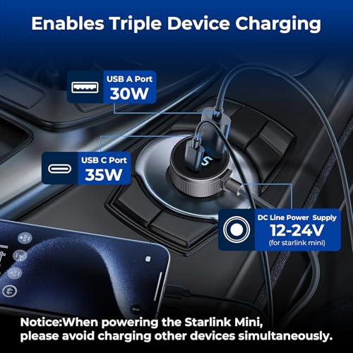 Starlink Mini Cable, 3 in 1 Starlink Mini Car Charger DC Power Cable+ Cigarette Lighter Adapter 12V-48V with Digital Display, Durable USB C PD 40W and USB A 35W Ports for Trucks and Cars (10FT)