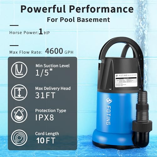 FOTING Sump Pump 1HP Clean/Dirty Submersible Water Pump,4600GPH Utility Pump Thermoplastic Electric Portable Transfer Water Pump for Swimming Pool Pond Basement with 10ft Power Cord,Manual